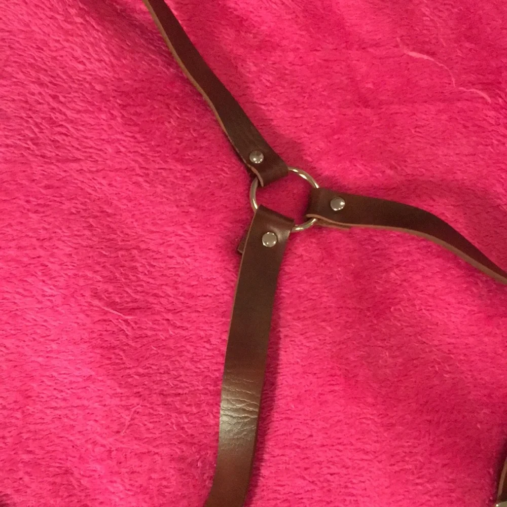 Brown Faux Leather Harness Belt with Metal Buckle Details